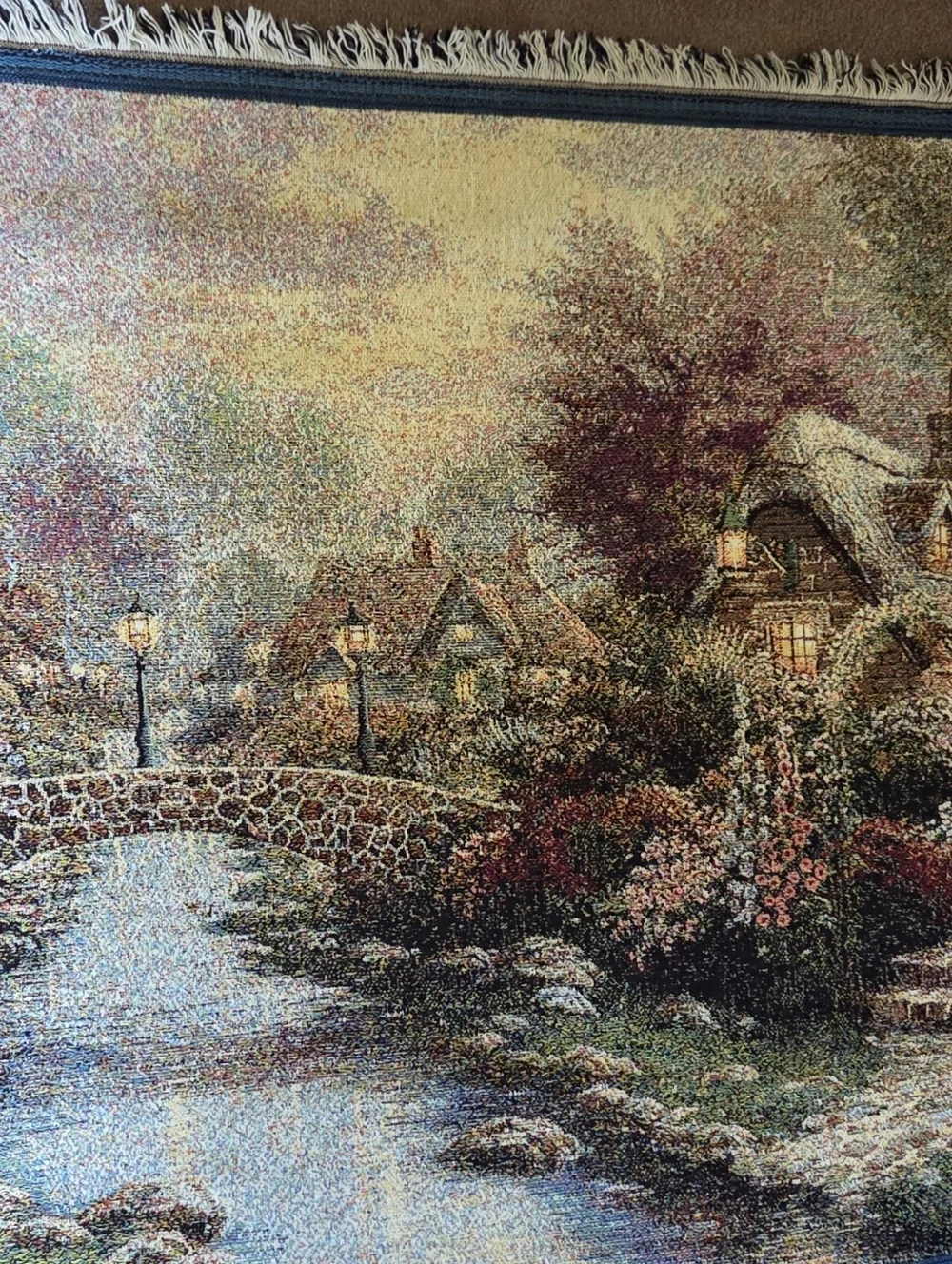 Thomas Kinkade Lamplight Bridge Tapestry Throw Blanket 42 x 62 USA Art Painting